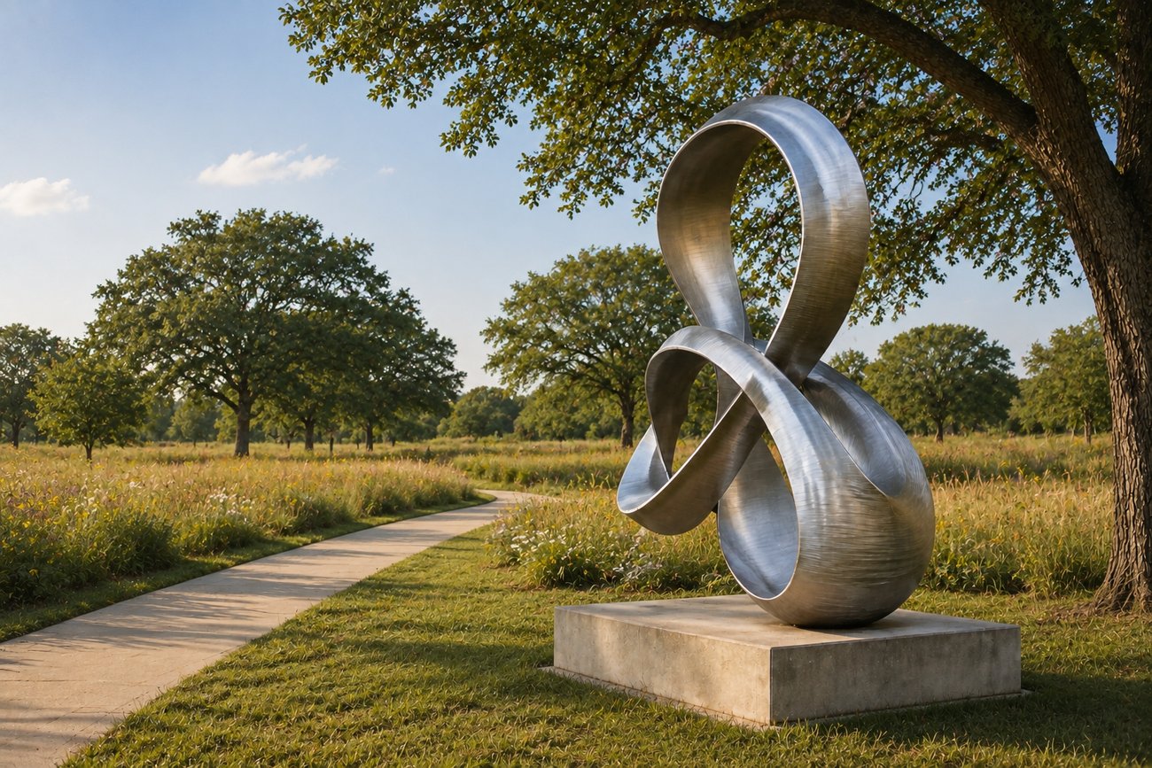 Polished stainless steel abstract sculpture with looping ribbon-like curves, displayed on a concrete pedestal in a grassy park with trees...